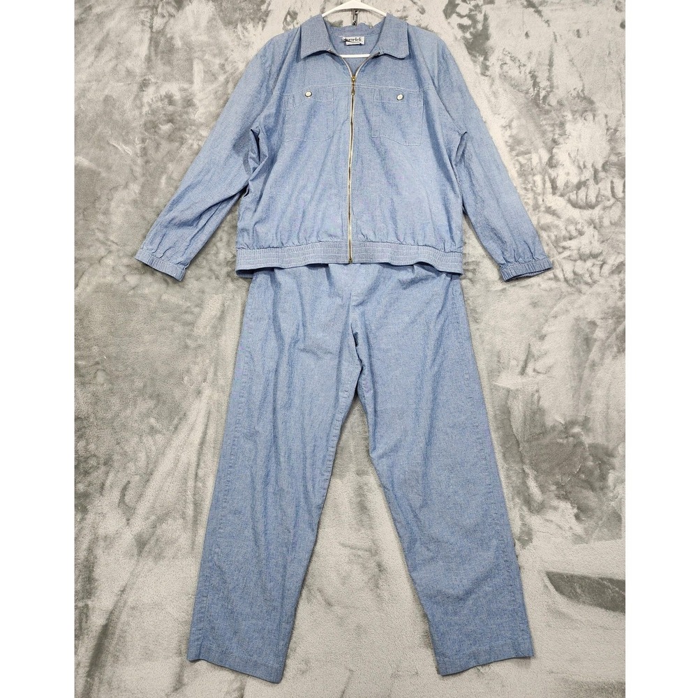 Vintage Teddi Jacket Pants Set Womens XL Blue Chambray Zip Front Casual‎ Outfit